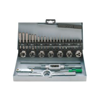 Tap and die metric set With round die-stock, adjustable tap holder and screw pitch gauge.